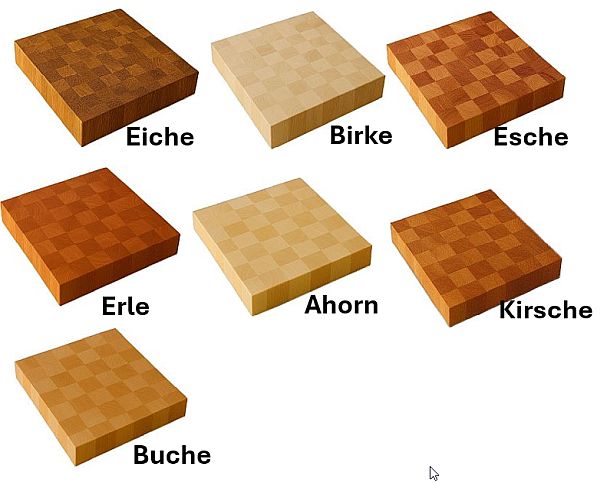 Übersicht der Holzarten: Eiche, Birke, Esche, Erle, Ahorn, Kirsche und Buche